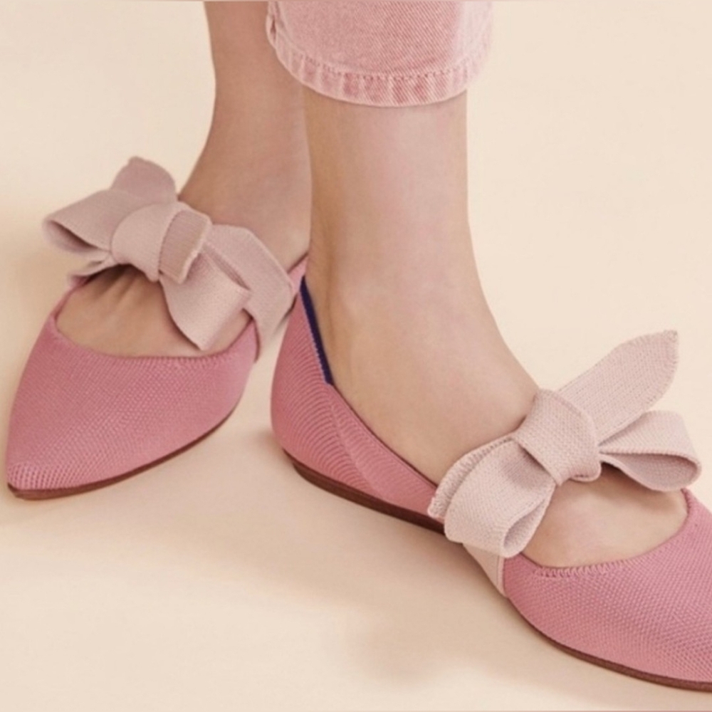 Rothy's Pink Rosebud Bow Tie Mary Jane Pointy Flat Shoes Size 7 Ballet Cute
